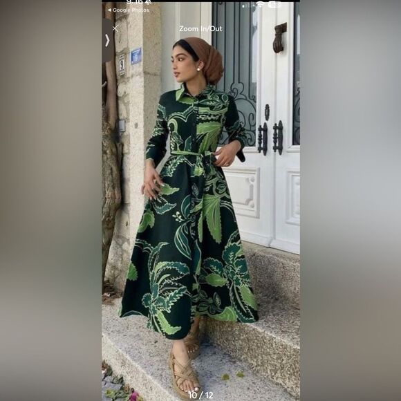 Zara Bold Green Print Maxi Button Up Belt Dress Leaf Print Size S– 100% Cotton - Picture 12 of 14